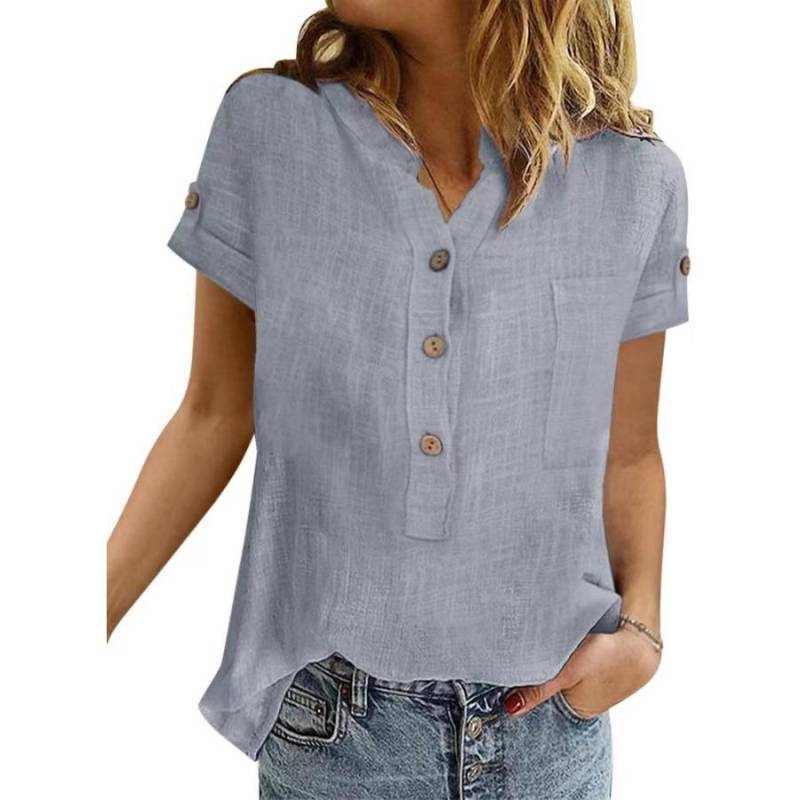 Sommer-Bluse aus Baumwollleinen mit Patchwork-Muster und Retro-Taschen für Damen, lässig, V-Ausschnitt, Knopfleiste, kurze Ärmel, einfarbig XL grau von Joom DACH