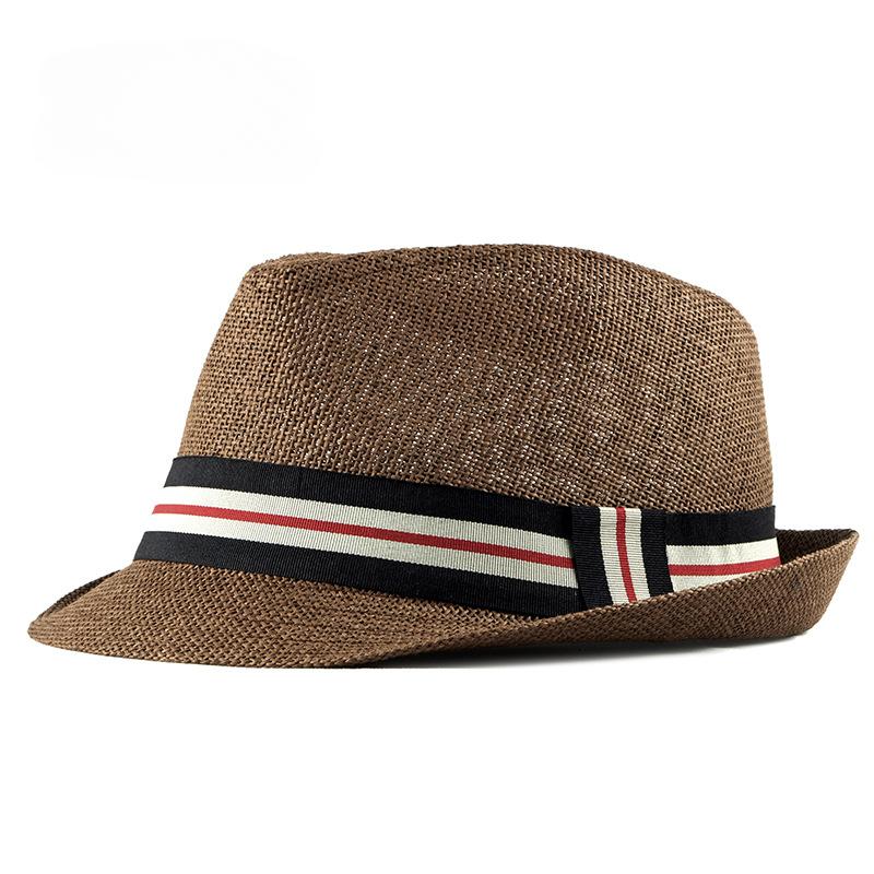 Sommer Britischer Jazzhut für Mittelalte Männer Frauen Cowboy Zylinder Luxus Designer Hochzeitsfeier Fedora Hüte Mütze Stroh Strandhut braun von Joom DACH