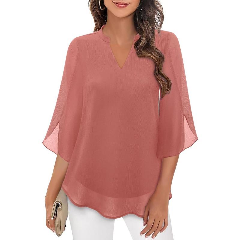 Sommer Casual Damen Blütenblatt Ärmel Lose V-Ausschnitt Chiffon Shirt XXL pfirsich von Joom DACH