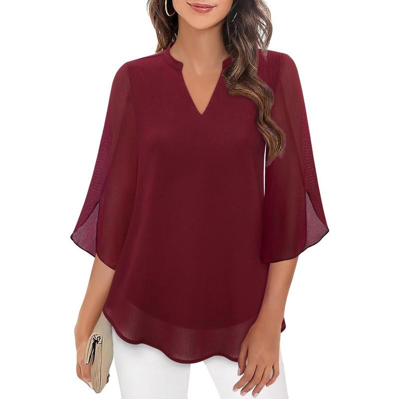 Sommer Casual Damen Blütenblatt Ärmel Lose V-Ausschnitt Chiffon Shirt XXL ziegelrot von Joom DACH
