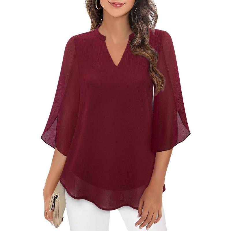Sommer Casual Damen Blütenblatt Ärmel Lose V-Ausschnitt Chiffon Shirt XXL ziegelrot von Joom DACH