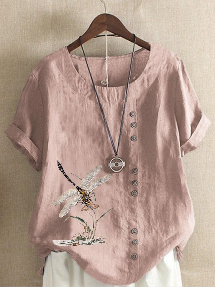 Sommer Casual Libelle Drucken Lose T-shirt Retro Baumwolle und Leinen Oansatz Plus Größe Kurzarm frauen Top XS-5XL 3XL rosa Sommer Casual Libelle Drucken Lose T-shirt Retro Baumwolle und Leinen Oansatz Plus Größe Kurzarm frauen Top XS-5XL 3XL rosa von Joom DACH