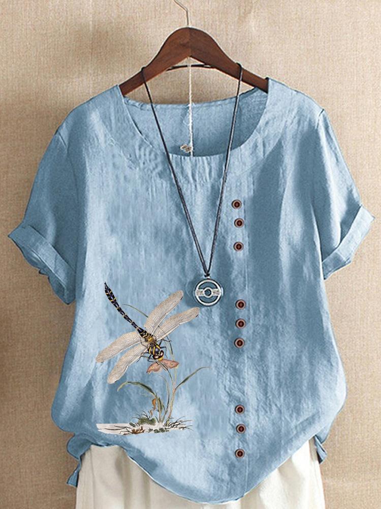 Sommer Casual Libelle Drucken Lose T-shirt Retro Baumwolle und Leinen Oansatz Plus Größe Kurzarm frauen Top XS-5XL M blau von Joom DACH