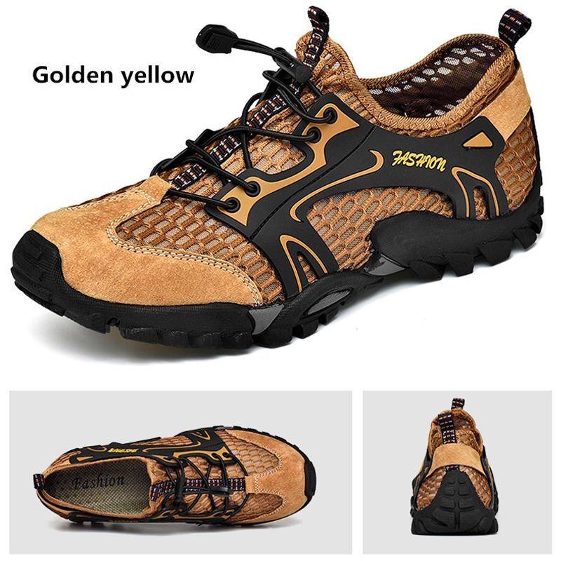 Sommer Casual Strand Schuhe Mode Männer Wasser Schuhe Mesh Turnschuhe Männer Wasserdichte Schuhe Outdoor Wanderschuhe Casual Atmungsaktive Schuhe Mesh schuhe EUR 43 goldgelbe von Joom DACH