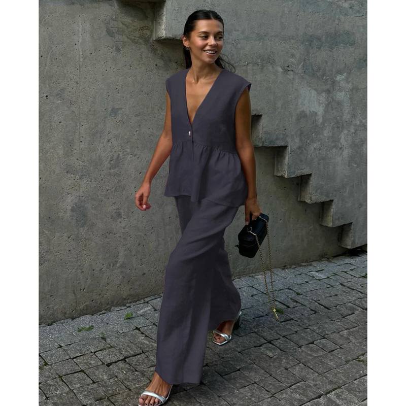 Sommer Chic Damen Set Einfarbig Baumwolle Leinen Zweiteiler Mode Rüschen Ärmelloses Tanktop Mit Weiten Hosen Outfit Weiblich XL grau von Joom DACH