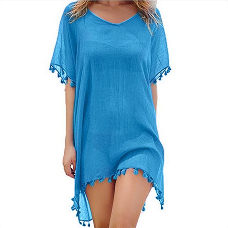 Sommer Chiffon Quasten Strandkleid Damen Bademode Bikini Cover Up Weiblich Mini Locker Uni Pareo Oberteile Badeanzug One Size von Joom DACH