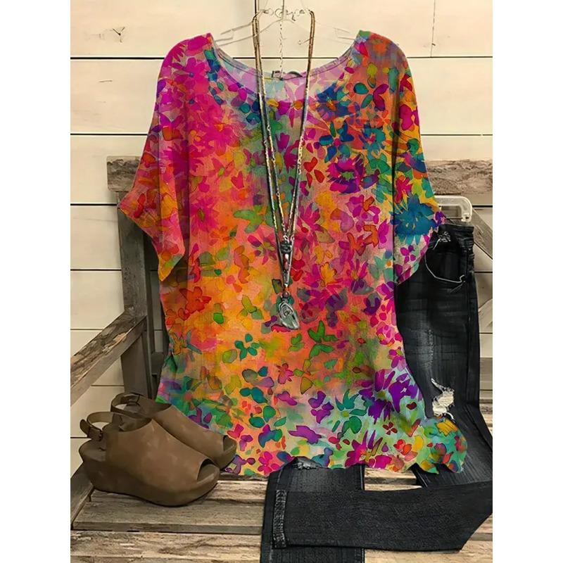 Sommer Damen 3D-gedrucktes Pflanzenblumen-Kurzarm-T-Shirt XL von Joom DACH