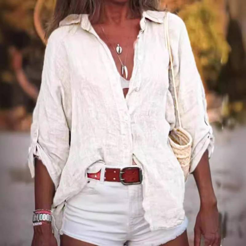 Sommer Damen Baumwolle Leinen Bluse Shirts Frauen Einfarbig Kurzarm Knöpfe Strickjacke Büro Tops Vintage Streetwear Kleidung M weiß von Joom DACH