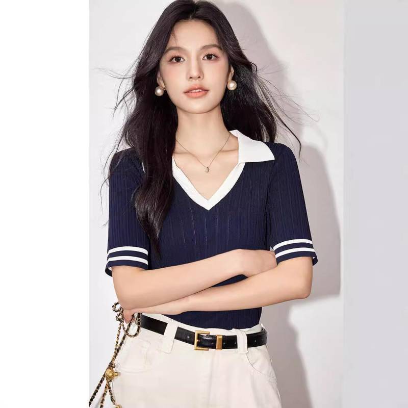 Sommer Damen Casual Poloshirt Ice Silk Gestricktes Kurzarm-T-Shirt für Damen M von Joom DACH