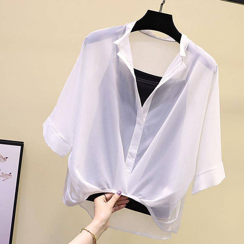 Sommer-Damen-Chiffon-Hemd, gestreift, dünn, unregelmäßig, Blusen-Sets, zweiteilige Damen-Oberteile mit Fledermausärmeln M weiß Sommer-Damen-Chiffon-Hemd, gestreift, dünn, unregelmäßig, Blusen-Sets, zweiteilige Damen-Oberteile mit Fledermausärmeln M weiß von Joom DACH