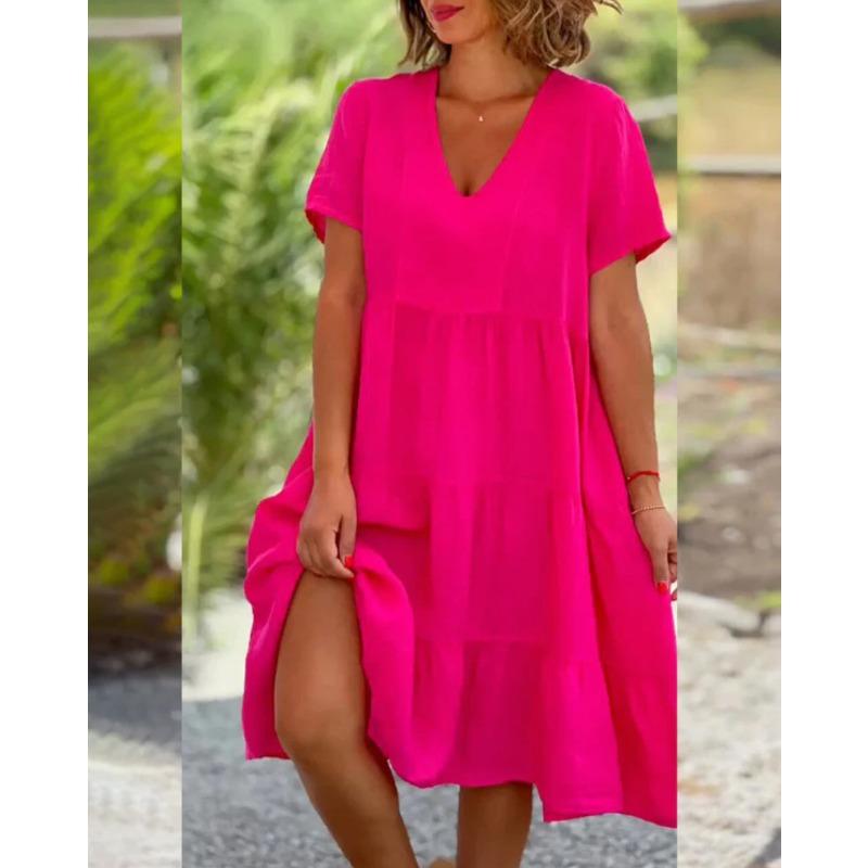 Sommer Damen Frisch Süß V-Ausschnitt Einfarbig Swing Lässig Kurzes Kleid L rose rot von Joom DACH