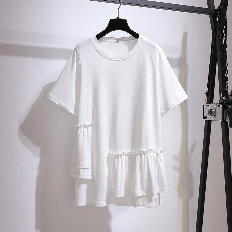 Sommer Damen Große Größen T-Shirt Mittellange Rüschen Spleißen Kurzarm Tops 5XL weiß von Joom DACH