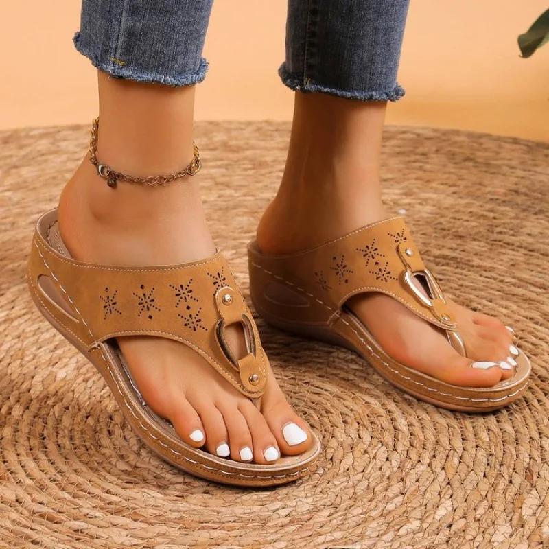 Sommer Damen Keilschuhe Neu Retro Slipper Plateau Keil Pantoletten für Damen Outdoor Casual Strandschuhe Damen Flip Flops 43 orange von Joom DACH