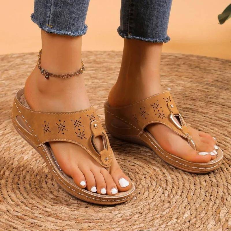 Sommer Damen Keilschuhe Neu Retro Slipper Plateau Keil Pantoletten für Damen Outdoor Casual Strandschuhe Damen Flip Flops 43 orange von Joom DACH