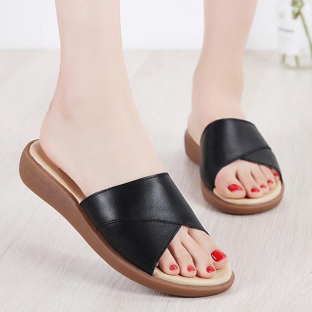 Sommer Damen Leder Hausschuhe Outdoor Flache Keil Strand Sandalen Mode Lässig Komfort Schuhe Rutschfeste Damen Paltform Slides 41 schwarz von Joom DACH