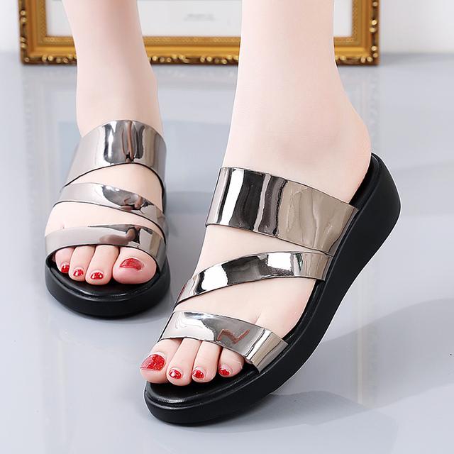 Sommer Damen Leder Hausschuhe Outdoor Flache Peep Toe Keil Strand Sandalen Lässige Komfortschuhe Rutschfeste Damen Paltform Slides 39 braun von Joom DACH