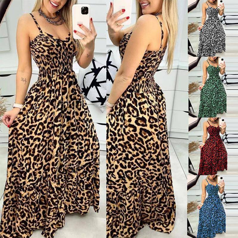 Sommer Damen Leopard V-Ausschnitt Hosenträgerkleid Böhmischer Stil Hohe Taille Sexy Temperament Mode Kleid Urlaub Party Sommerkleid M graue von Joom DACH