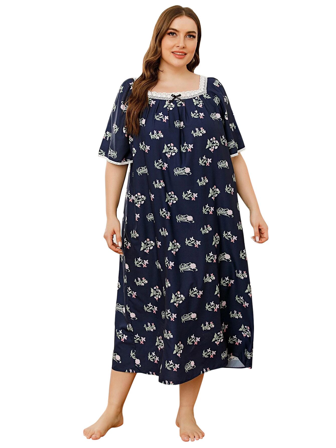 Sommer Damen Nachthemd Große Größe Homewear Pyjamas Spitze Spleißen Kurzarm Bedruckte Nachthemden 4XL von Joom DACH