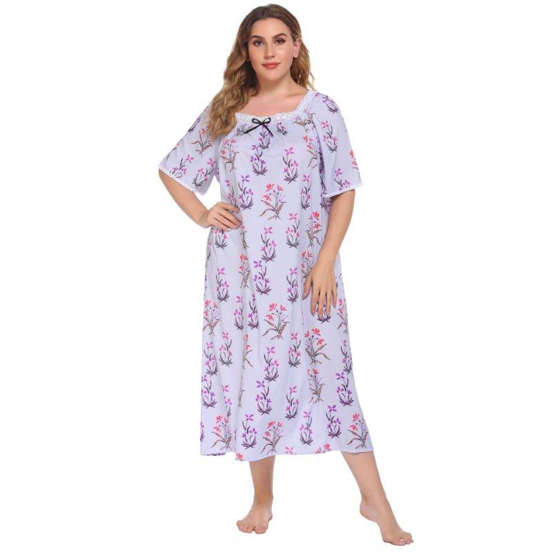 Sommer Damen Nachthemd Große Größe Homewear Pyjamas Spitze Spleißen Kurzarm Bedruckte Nachthemden XL von Joom DACH