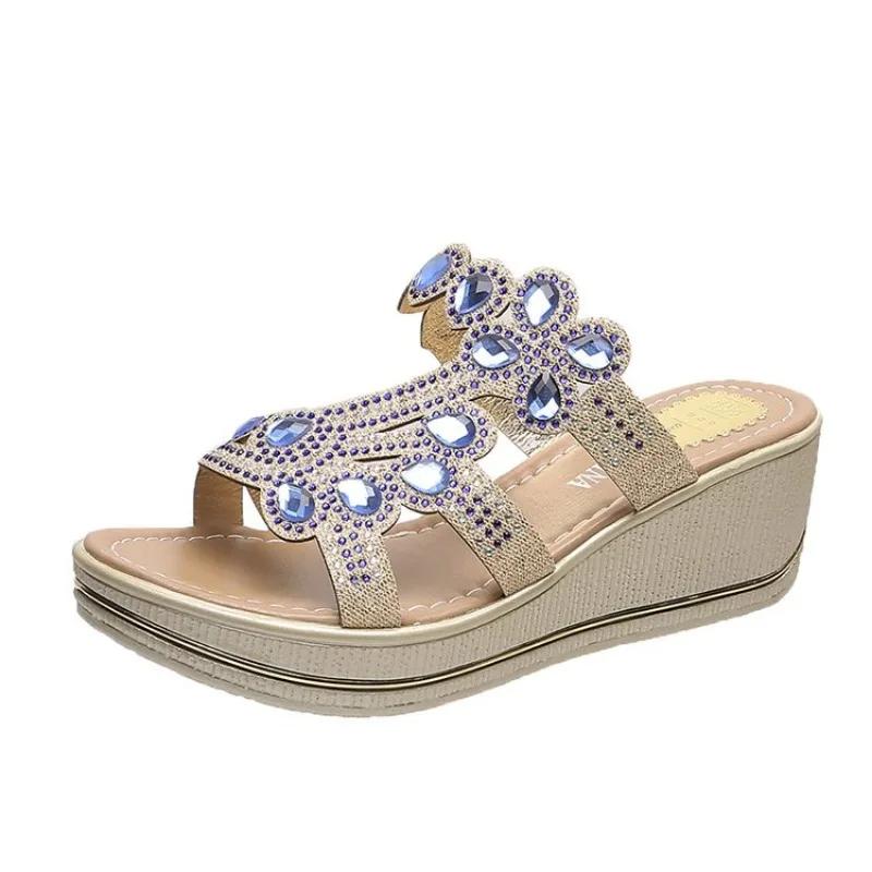 Sommer Damen Neue Mode Offene Zehen Flache Slipper Damen Sandalen Täglich Lässig Designer Keilabsatz Hohe Absätze Damen Hausschuhe 36 blau von Joom DACH