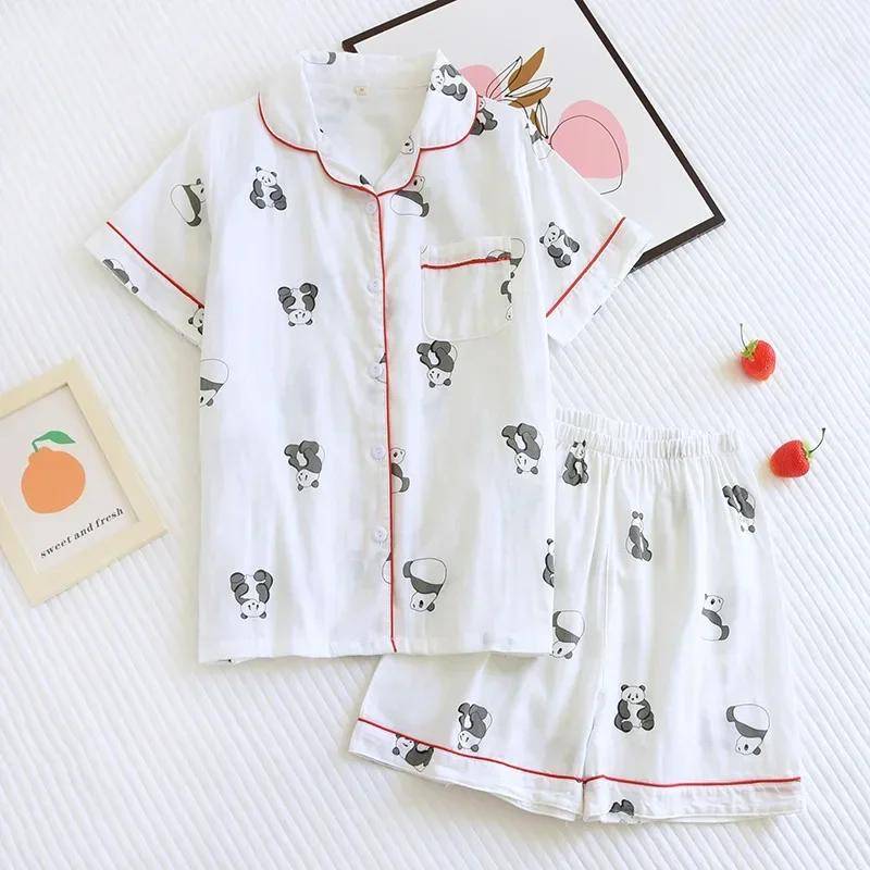 Sommer Damen Neuer Pyjama Zweiteiliges Set 100% Baumwolle Mull Dünn Kurzärmelige Shorts Niedliche Katze Cartoon Hausanzug Set für Damen XL von Joom DACH
