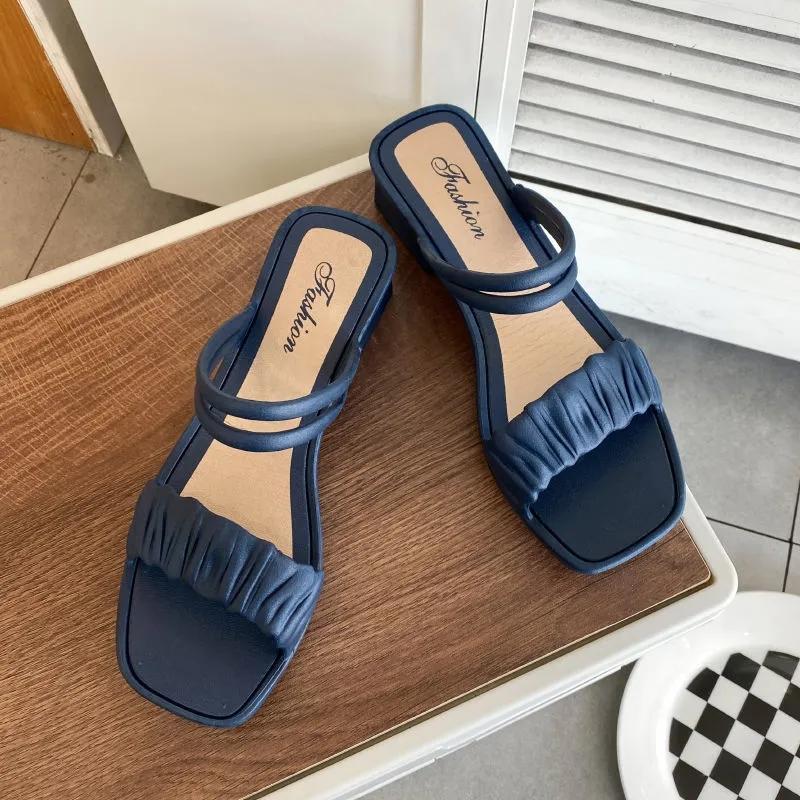 Sommer Damen Sandalen Große Größe Dual-Use-Oberbekleidung Halbe Hausschuhe Einfarbig All-Match Dicke Sandalen mit niedrigem Absatz 38-39 blau von Joom DACH