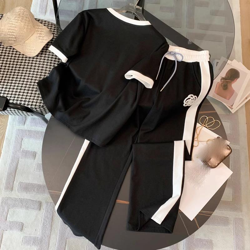 Sommer Damen Sets Rundhals Kurzarm T-Shirt Hosen Frauen Trainingsanzüge Outfits L schwarz von Joom DACH