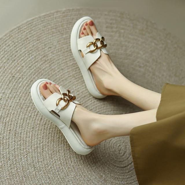 Sommer Damen Slipper Split Leder Plateau Sandalen Dicker Absatz Schuhe Damen Schmalband Casual Sandalen Prägnante Damen Slides 39 weiß von Joom DACH