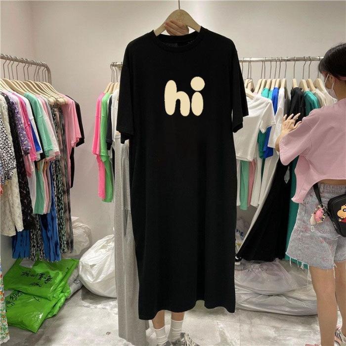 Sommer Damen Split Letter Print Knielanges lockeres T-Shirt-Kleid in Übergröße mit kurzen Ärmeln 2XL schwarz von Joom DACH