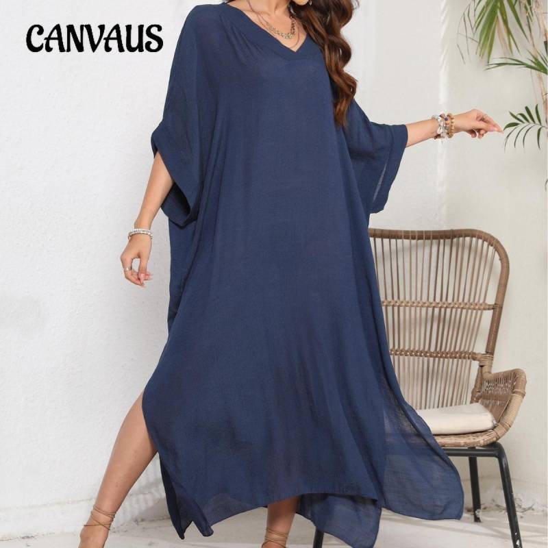 Sommer Damen Strand Cover Up Plus Size V-Ausschnitt Lose Freizeitkleid Split Bodenlanges Kleid Bademode Cover Up One Size schwarz von Joom DACH