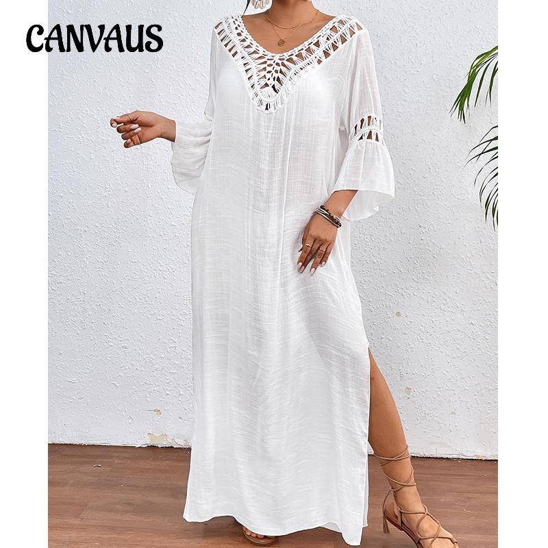 Sommer Damen Strandkleid Mode Handhaken Spleißen Farbige Kugel Sexy Hohl Rückenfrei Lose Strand Lange Vertuschung One Size weiß von Joom DACH