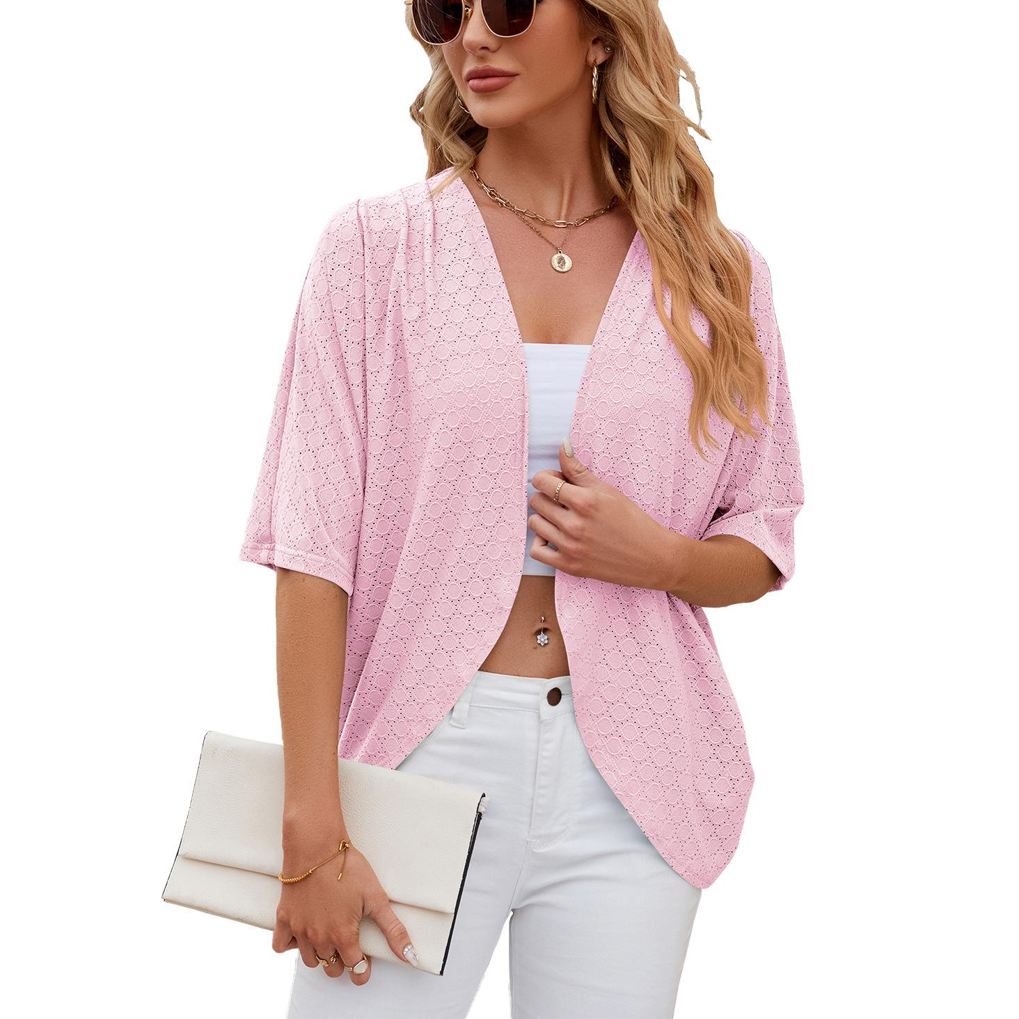Sommer Damen Strickjacke Neue Einfarbig Mittelarm Strickjacke Strickjacke Jacke Klimaanlage Hemd XXL rosa von Joom DACH