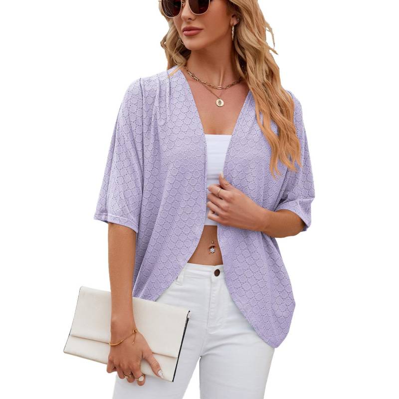 Sommer Damen Strickjacke Neue Einfarbig Mittelarm Strickjacke Strickjacke Jacke Klimaanlage Hemd XXL violett von Joom DACH