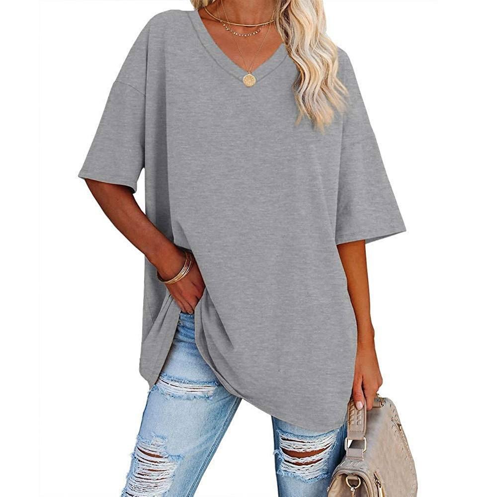 Sommer Damen T-Shirt Casual Einfarbig V-Ausschnitt Große Größe Lose Kurzarm Top XXL licht grau von Joom DACH