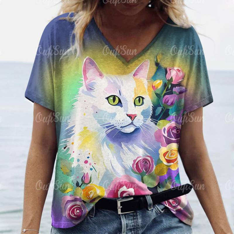 Sommer Damen T-Shirt Katzendruck Lässig Kurzarm 3D T-Shirts Mode Streetwear Rundhals Pullover Weibliche Übergroße Kleidung 2XL von Joom DACH
