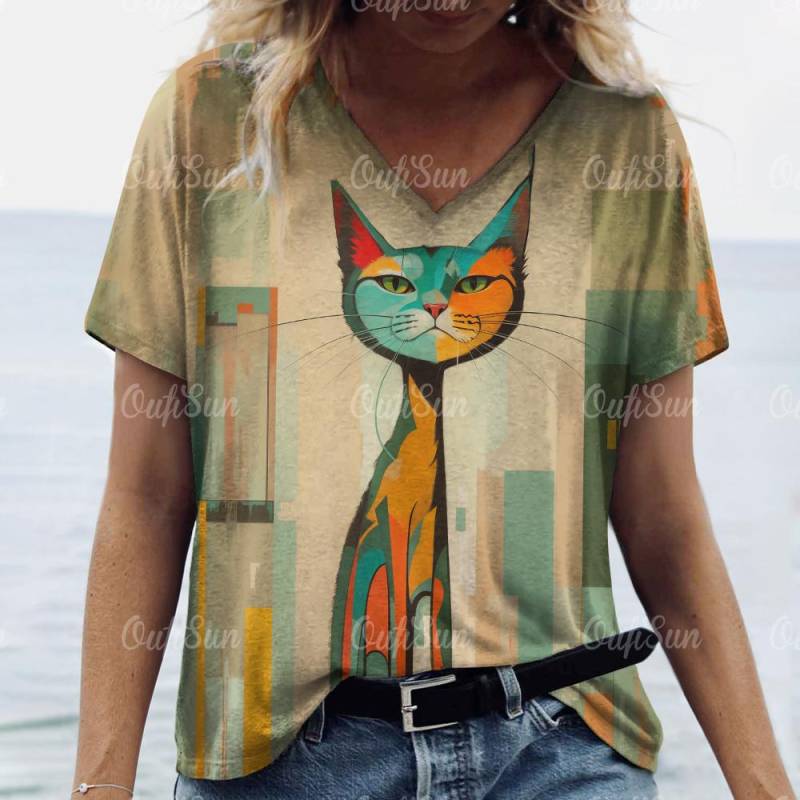 Sommer Damen T-Shirt Katzendruck Lässig Kurzarm 3D T-Shirts Mode Streetwear Rundhals Pullover Weibliche Übergroße Kleidung 5XL von Joom DACH