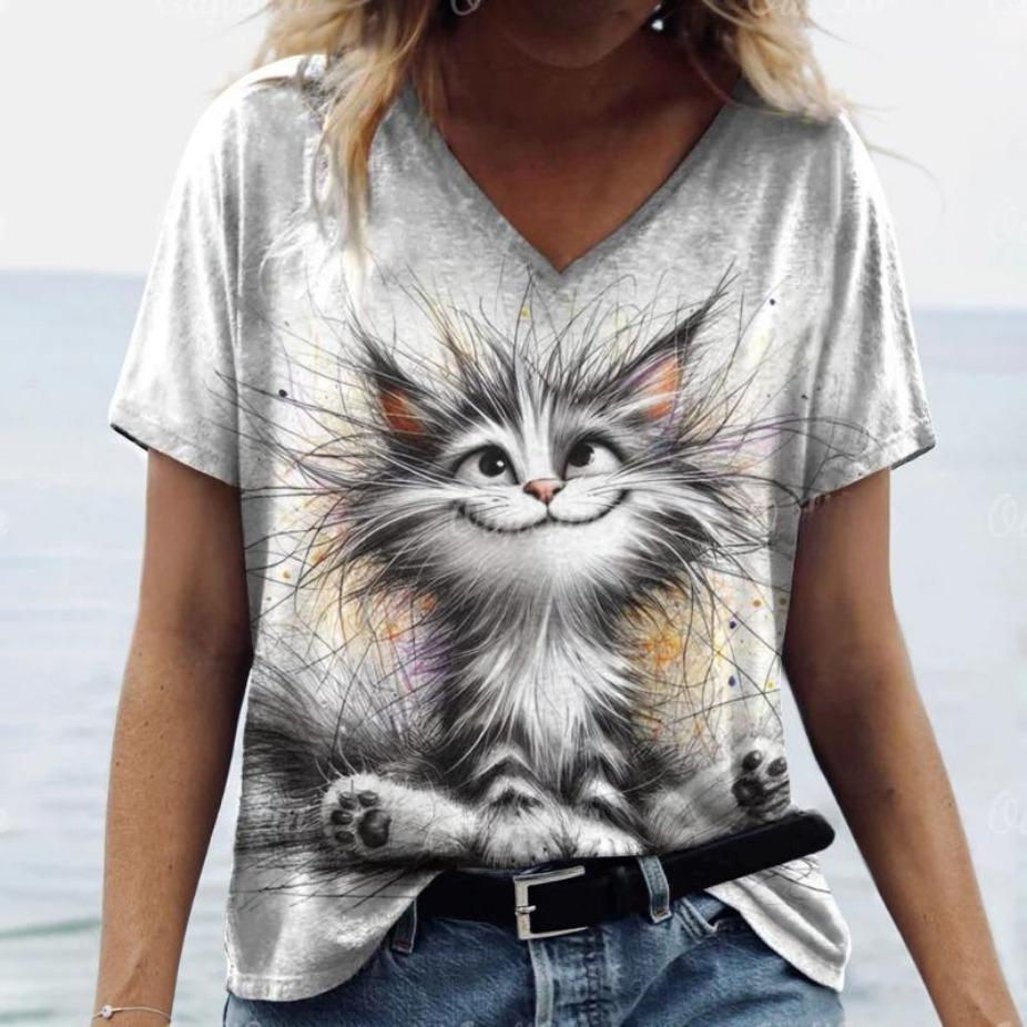 Sommer Damen T-Shirt Katzendruck Lässig Kurzarm 3D T-Shirts Mode Streetwear Rundhals Pullover Weibliche Übergroße Kleidung M von Joom DACH