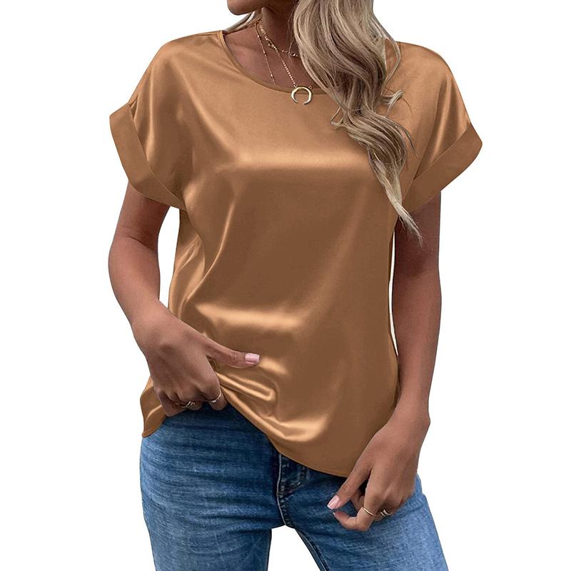 Sommer Damen T-Shirt Kurzarm Satin Hemd Locker lässig Rundhals Satin T-Shirt Damen Tops XXL khaki von Joom DACH