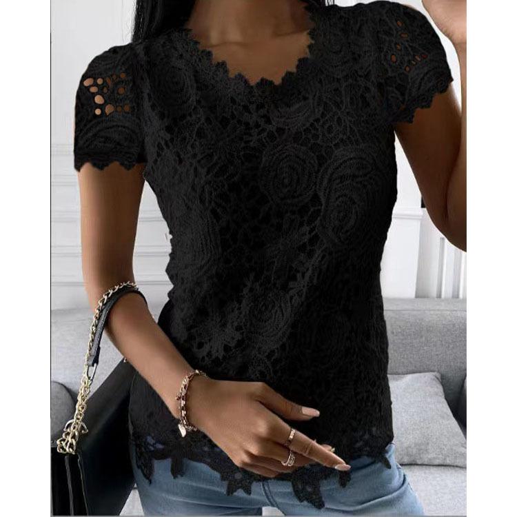 Sommer Damen T-Shirt Kurzarm Spitzenshirt Temperament Elegant Kurzarm Tops 5XL schwarz von Joom DACH