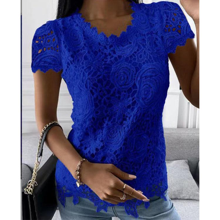 Sommer Damen T-Shirt Kurzarm Spitzenshirt Temperament Elegant Kurzarm Tops 5XL blau von Joom DACH
