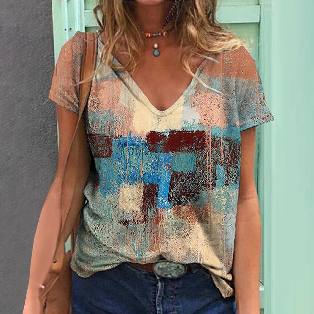 Sommer Damen T-Shirt Vintage Geometrischer Druck Kurzarm Tops Damenmode Kleidung V-Ausschnitt Übergroßer Pullover Tägliche Bluse 4XL Sommer Damen T-Shirt Vintage Geometrischer Druck Kurzarm Tops Damenmode Kleidung V-Ausschnitt Übergroßer Pullover Tägliche Bluse 4XL von Joom DACH