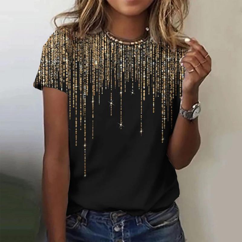 Sommer Damen T-Shirt mit buntem Muster, modisches bedrucktes Rundhals-Kurzarm-T-Shirt, lockere und bequeme Oberteile, Kleidung für Damen L von Joom DACH