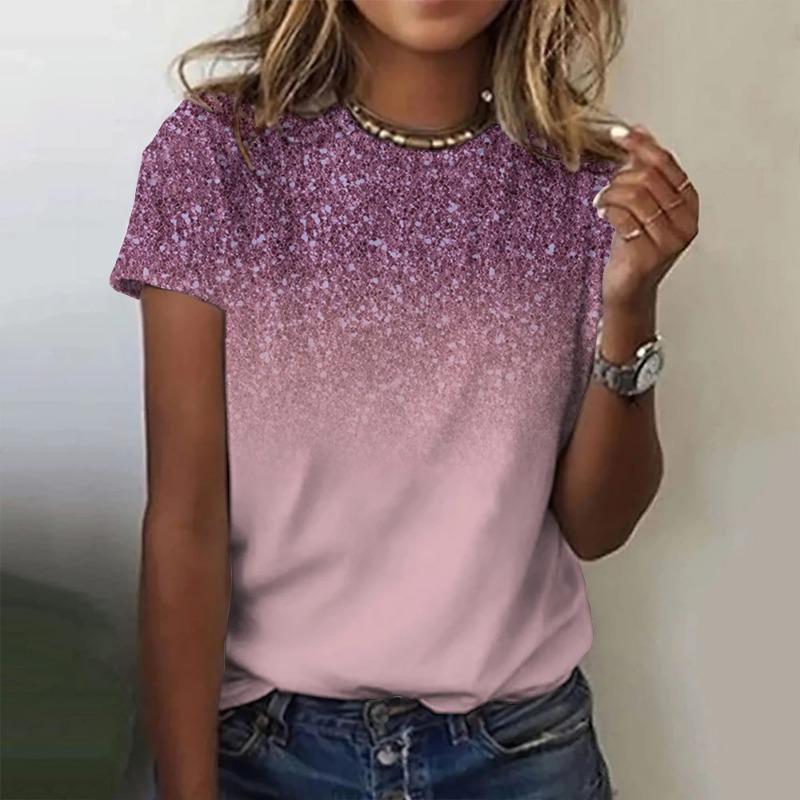 Sommer Damen T-Shirt mit buntem Muster, modisches bedrucktes Rundhals-Kurzarm-T-Shirt, lockere und bequeme Oberteile, Kleidung für Damen M von Joom DACH