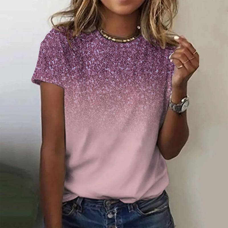 Sommer Damen T-Shirt mit buntem Muster, modisches bedrucktes Rundhals-Kurzarm-T-Shirt, lockere und bequeme Oberteile, Kleidung für Damen M von Joom DACH