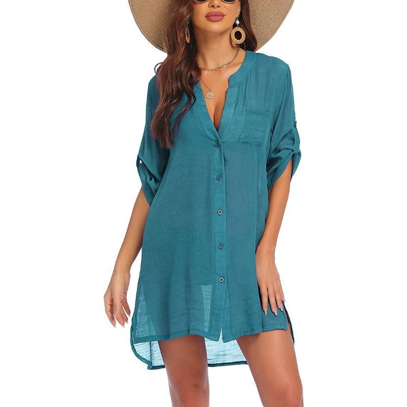 Sommer Damen Übergröße Strickjacke Hemd Bluse Kleid Mini Kurzes Kleid Sonnenschutz Strandhemd 2XL dunkelgrüne von Joom DACH