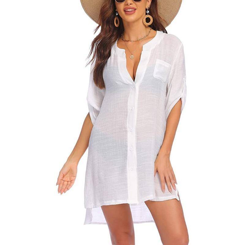 Sommer Damen Übergröße Strickjacke Hemd Bluse Kleid Mini Kurzes Kleid Sonnenschutz Strandhemd L weiß von Joom DACH