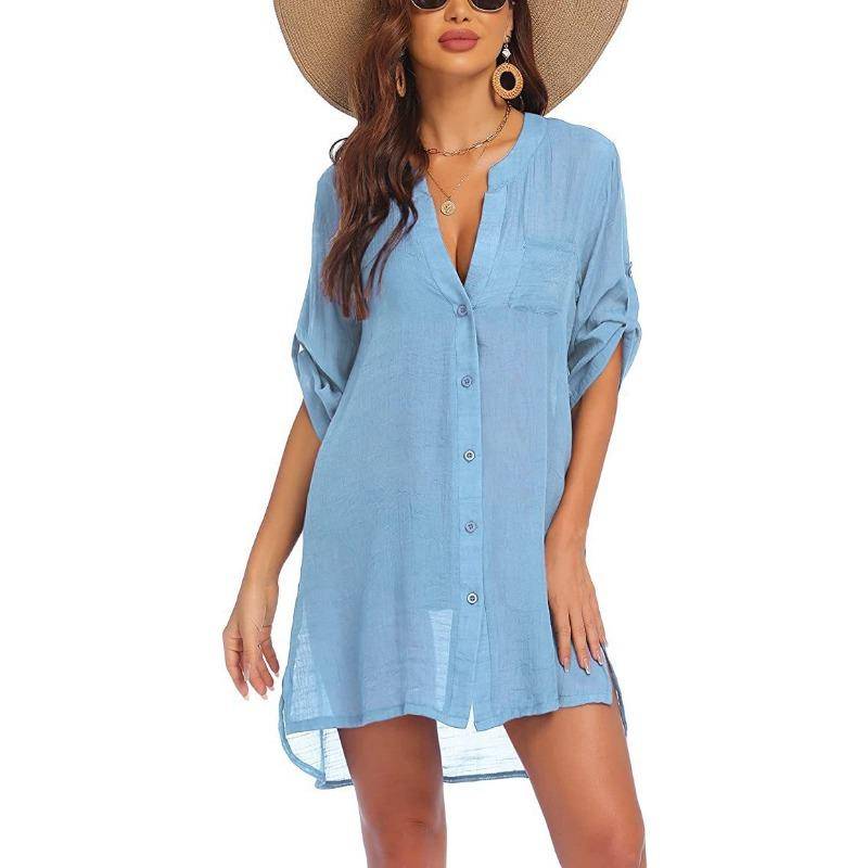 Sommer Damen Übergröße Strickjacke Hemd Bluse Kleid Mini Kurzes Kleid Sonnenschutz Strandhemd M hellblaue von Joom DACH