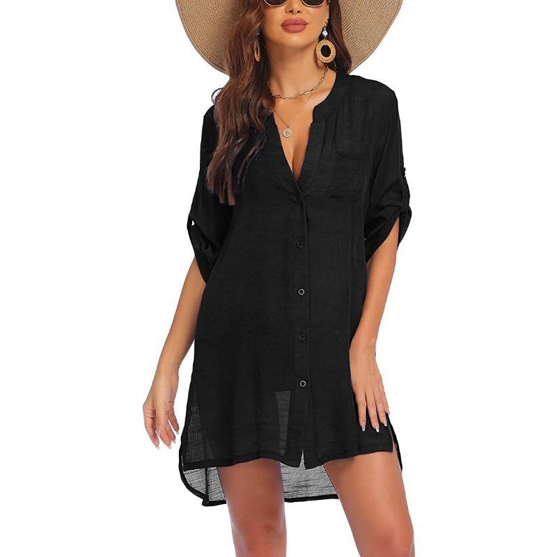 Sommer Damen Übergröße Strickjacke Hemd Bluse Kleid Mini Kurzes Kleid Sonnenschutz Strandhemd M schwarz von Joom DACH