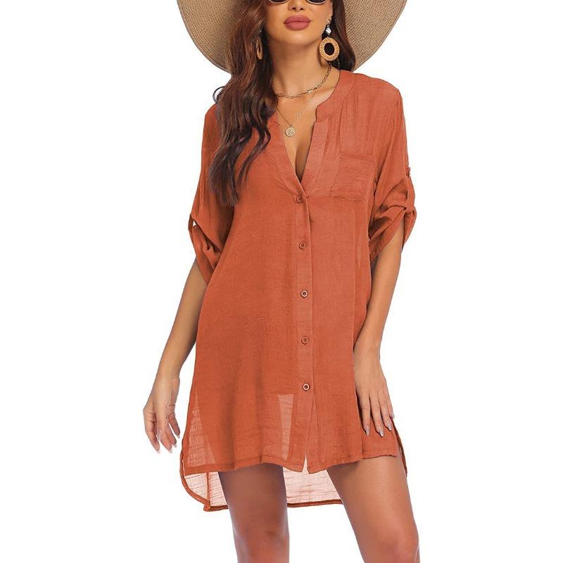 Sommer Damen Übergröße Strickjacke Hemd Bluse Kleid Mini Kurzes Kleid Sonnenschutz Strandhemd XL orange von Joom DACH