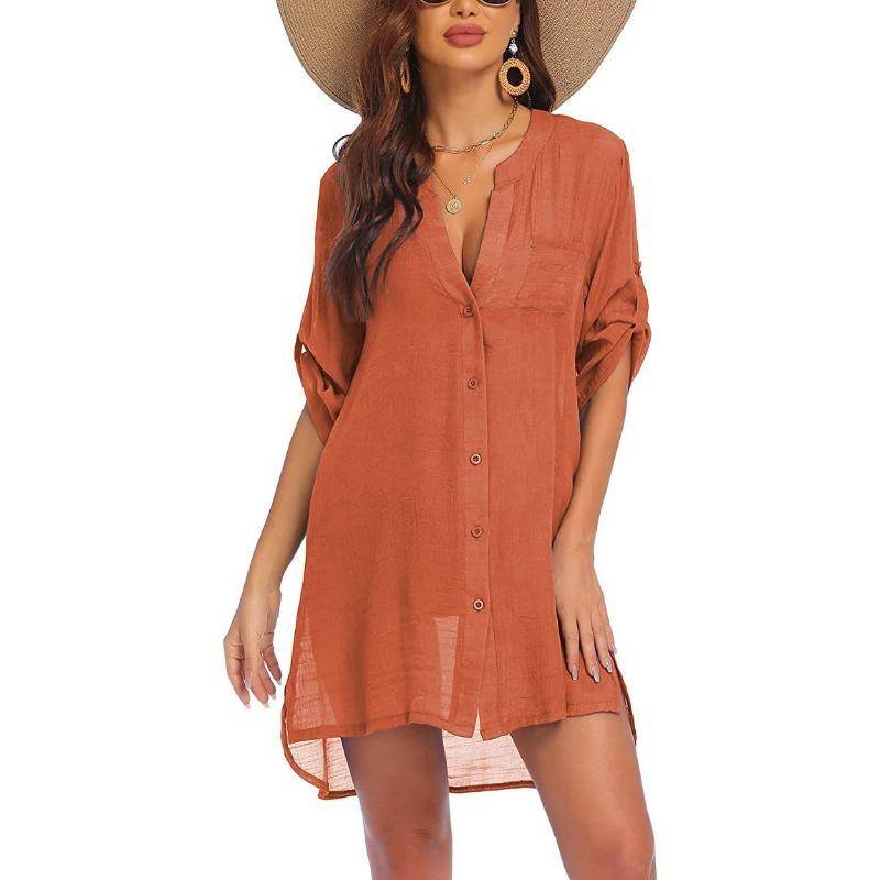 Sommer Damen Übergröße Strickjacke Hemd Bluse Kleid Mini Kurzes Kleid Sonnenschutz Strandhemd XL orange von Joom DACH